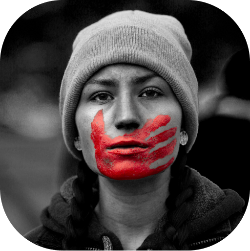 Woman staring at the camera with a red painted hand over mouth.